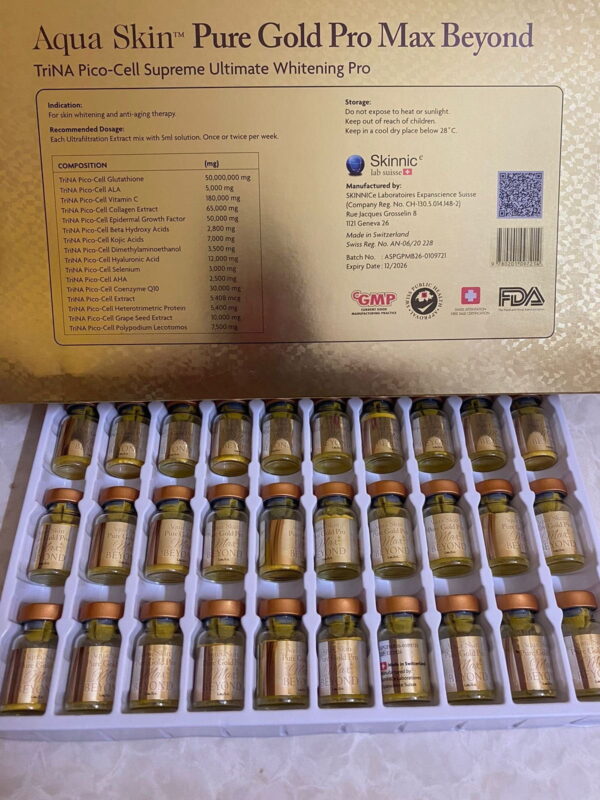 Aqua skin pure gold pro max beyond trina pico cell supreme glutathione injection