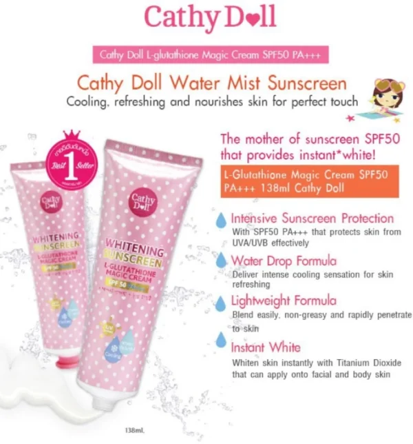 Cathy Doll L-Glutathione Magic Cream SPF 50 Whitening Sunscreen 138ml - Image 3